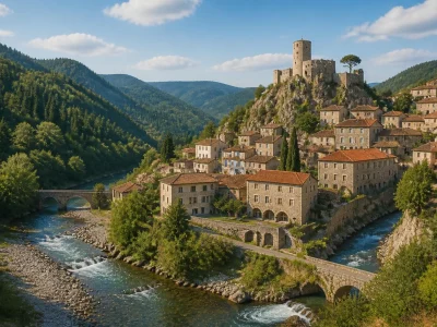 Vue panoramique sur le village pittoresque de st martin de valamas et son château dominant la vallée de l'Eyrieux