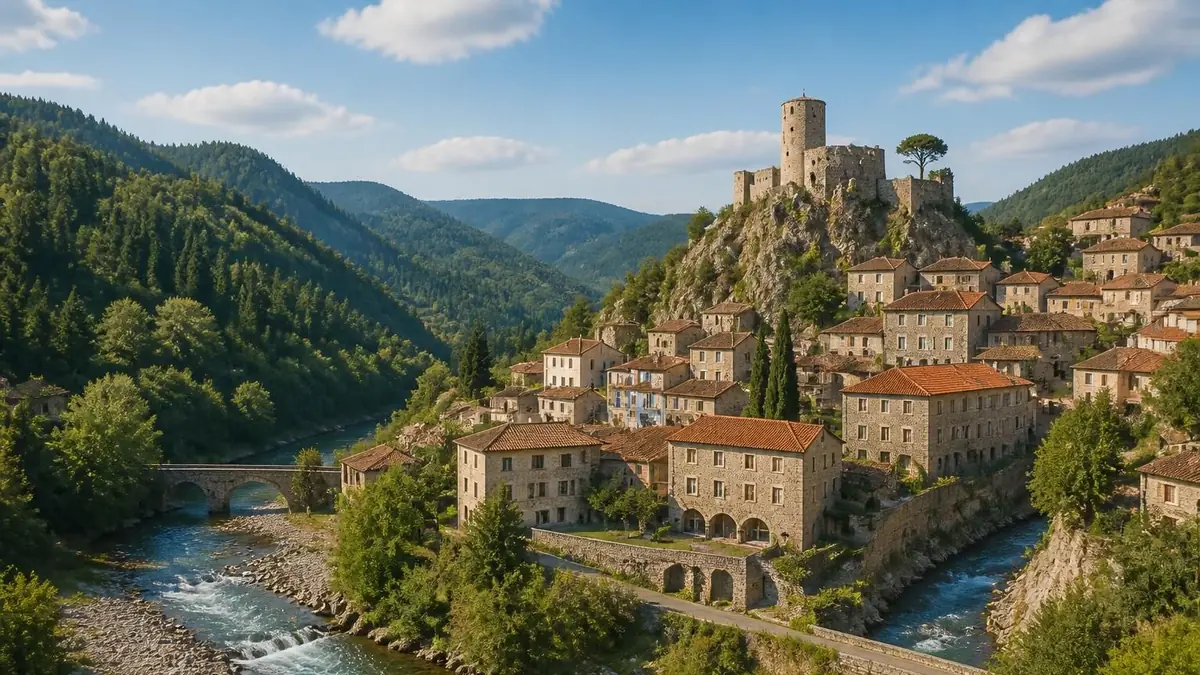 Vue panoramique sur le village pittoresque de st martin de valamas et son château dominant la vallée de l'Eyrieux