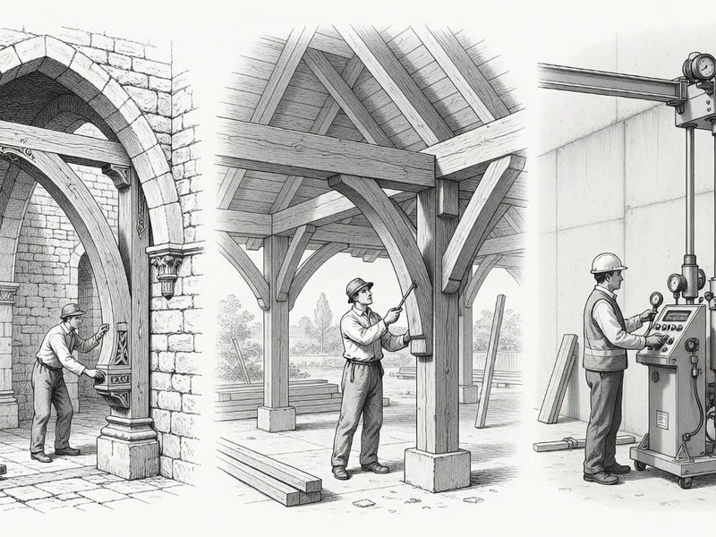 L'image illustre des ouvriers manipulant un etresillon dans des chantiers anciens et modernes