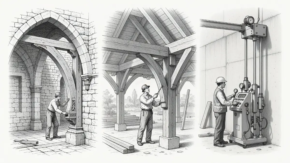 L'image illustre des ouvriers manipulant un etresillon dans des chantiers anciens et modernes