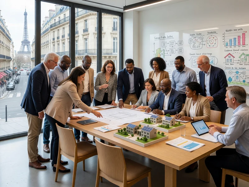 Un groupe de professionnels du batim Club examine des maquettes architecturales dans un bureau moderne