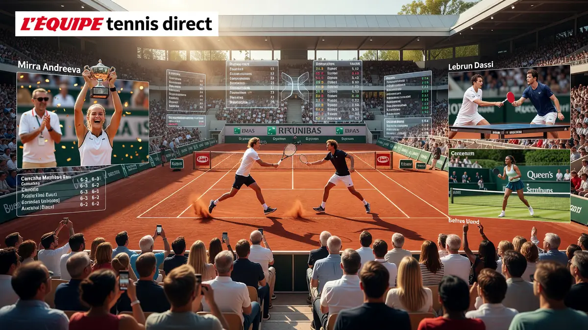 L'Équipe tennis direct capture l'action d'un match de tennis sur terre battue devant une foule de spectateurs.