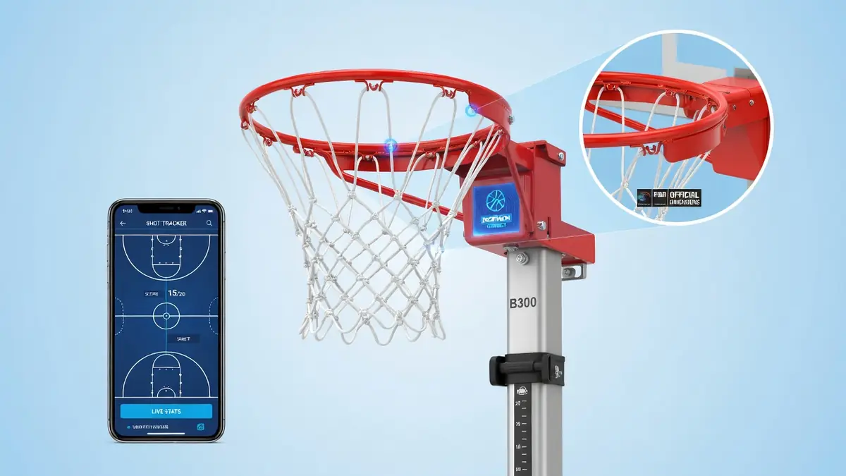 Un arceau basket moderne avec filet est placé près d'un smartphone montrant une application de basket