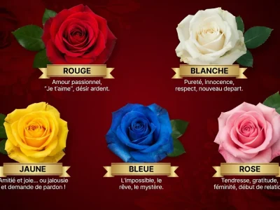 Cinq roses de différentes couleurs illustrent la signification des couleurs des roses