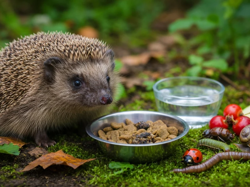 Un hérisson près d'une gamelle et d'insectes que mange un hérisson