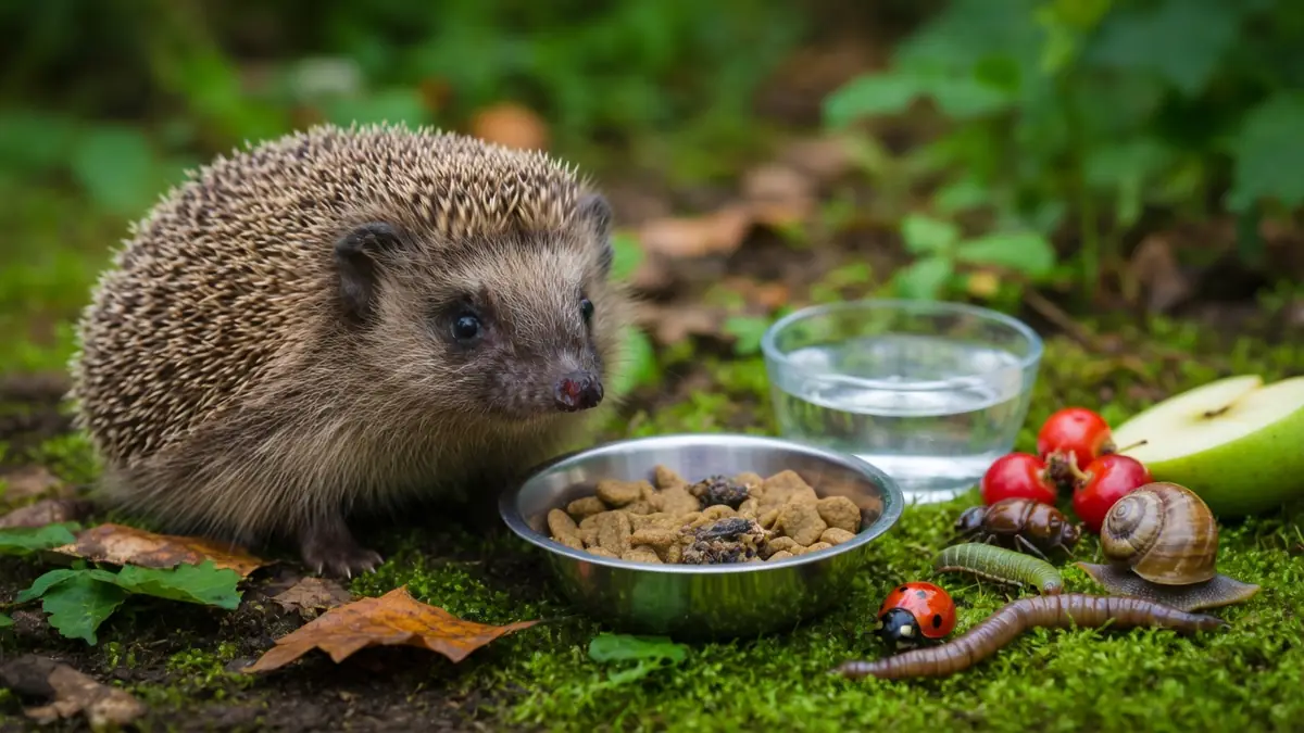 Un hérisson près d'une gamelle et d'insectes que mange un hérisson