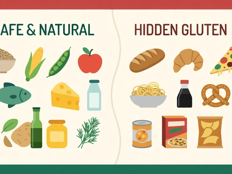 L'image oppose aliments frais et produits au gluten caché dans sans gluten liste aliments