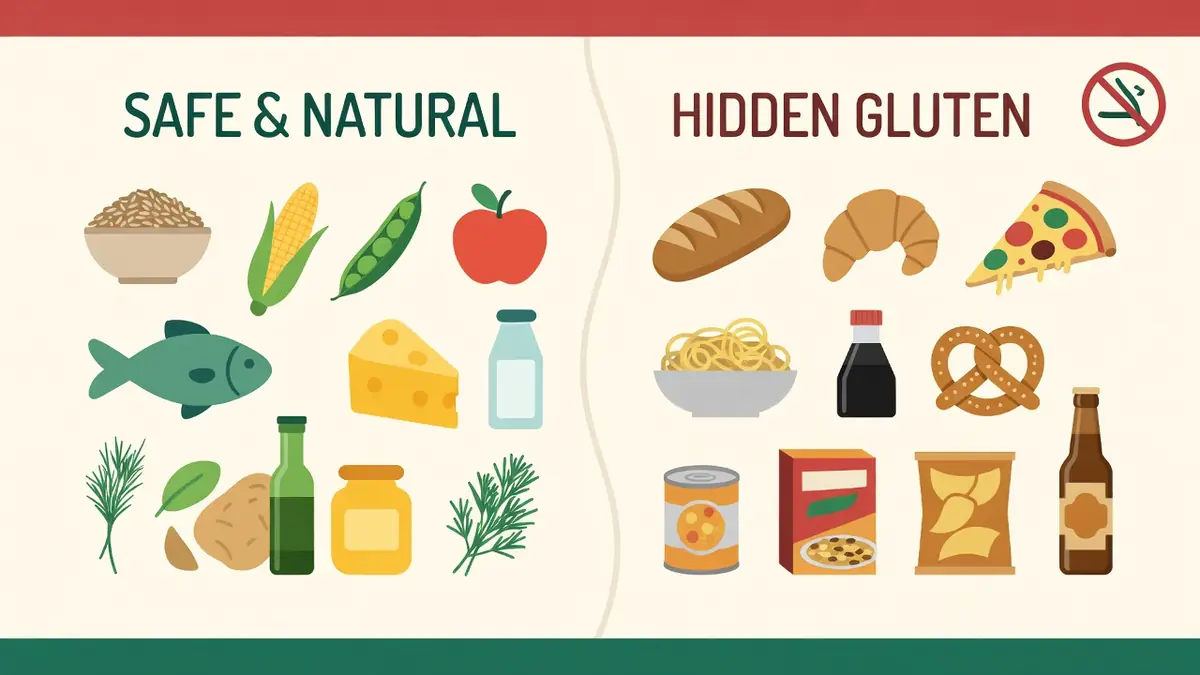 L'image oppose aliments frais et produits au gluten caché dans sans gluten liste aliments