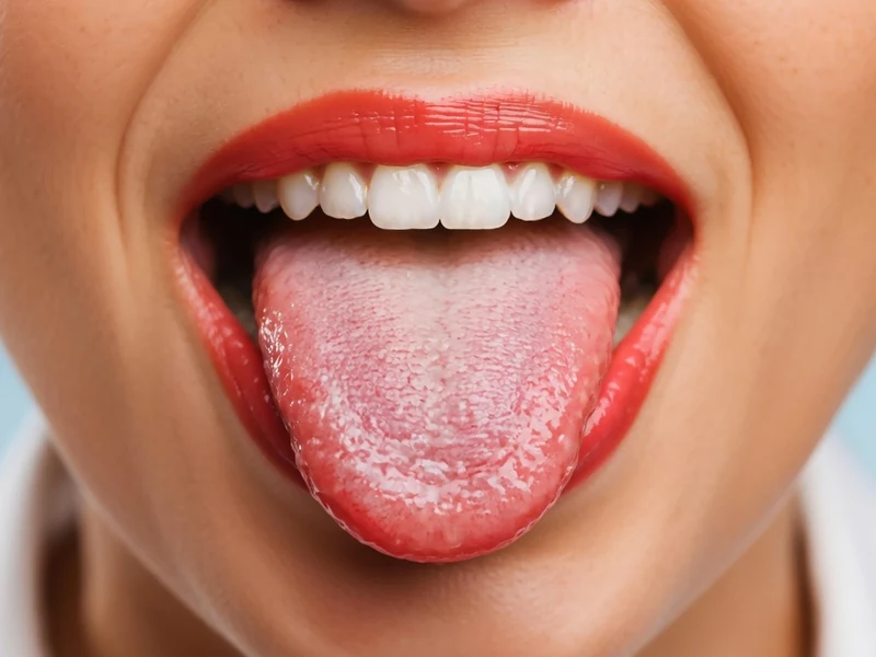 Une langue blanche est tirée hors d'une bouche aux lèvres rouges