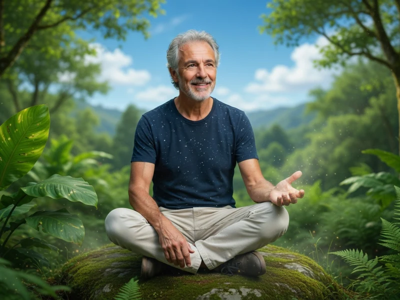 Yann Lipnick est assis en tailleur sur un rocher moussu dans une forêt luxuriante