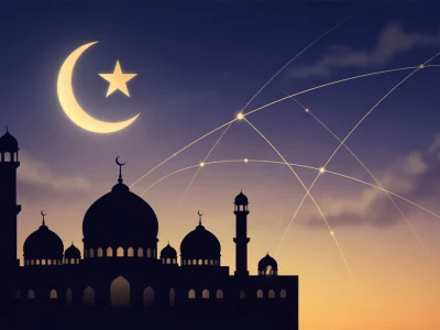Silhouette de mosquée au crépuscule avec lune et lignes pour une heure de prière
