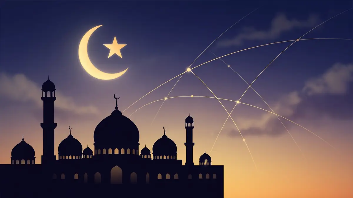 Silhouette de mosquée au crépuscule avec lune et lignes pour une heure de prière