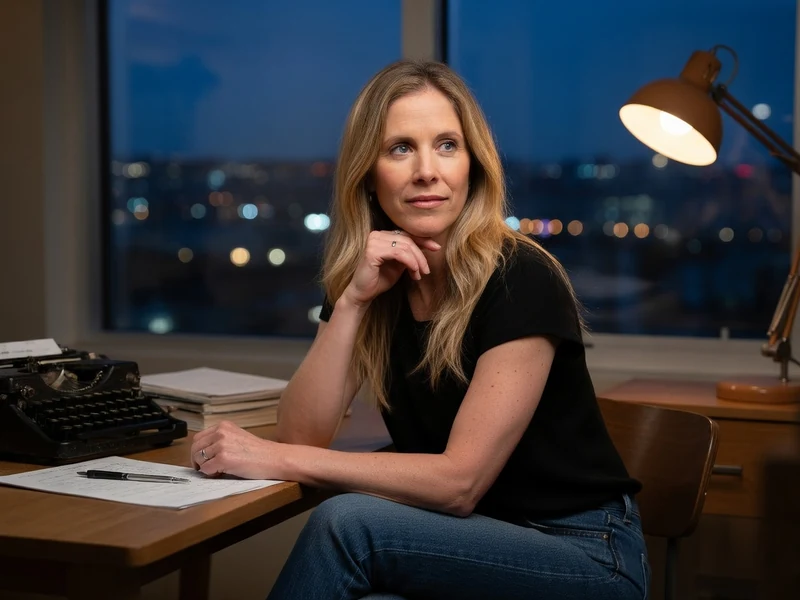 Audrey Looten est assise à un bureau avec une machine à écrire devant une vue nocturne sur la ville