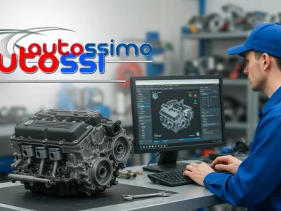 Technicien en atelier utilisant Autossimo pour visualiser un moteur sur ordinateur