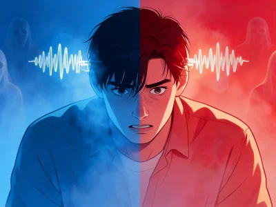 Jeune homme au visage mi-bleu mi-rouge entouré de spectres et d'ondes pour la schizophrénie dysthymique