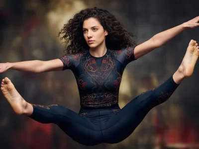 Ava Baya effectuant une pose dynamique et aérienne dans une tenue de sport ajustée