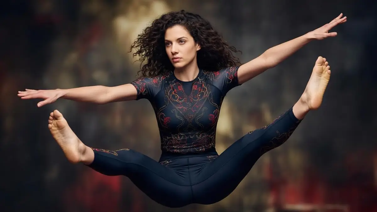 Ava Baya effectuant une pose dynamique et aérienne dans une tenue de sport ajustée