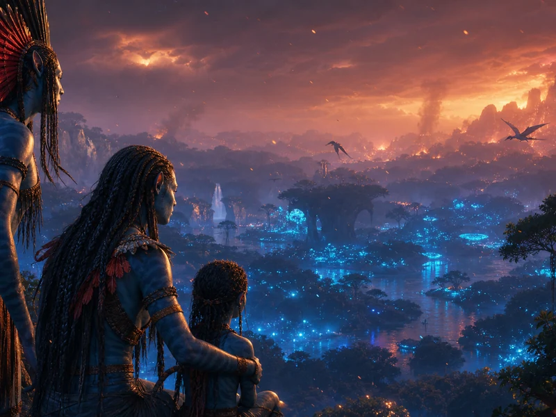 Avatar 3 streaming montre Pandora embrasée au coucher du soleil.