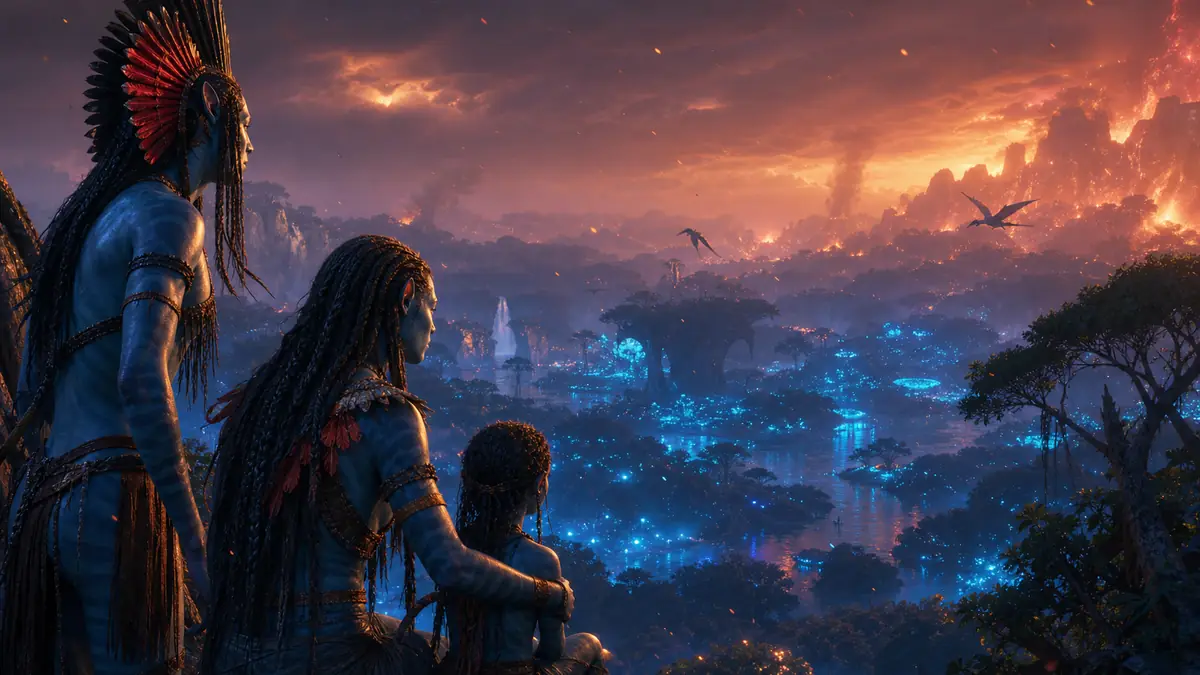 Avatar 3 streaming montre Pandora embrasée au coucher du soleil.
