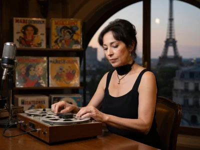 Béatrice Ardisson ajuste les bandes d'un magnétophone vintage devant une fenêtre donnant sur la tour Eiffel