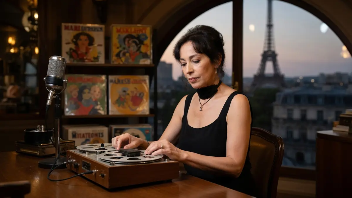Béatrice Ardisson ajuste les bandes d'un magnétophone vintage devant une fenêtre donnant sur la tour Eiffel