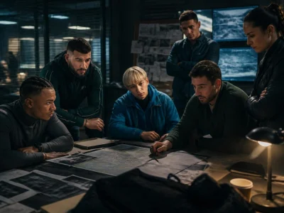Une équipe de policiers concentrés analyse des documents sur une table dans le cadre de la b r i Saison 3