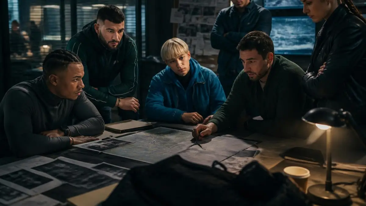 Une équipe de policiers concentrés analyse des documents sur une table dans le cadre de la b r i Saison 3