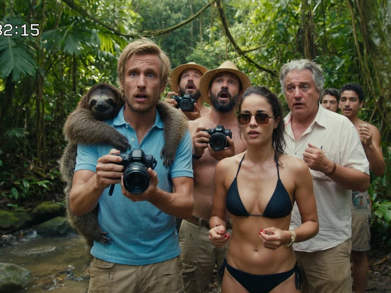 Le casting du film Babysitting 2 en pleine exploration dans la jungle brésilienne avec un paresseux sur l'épaule