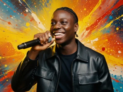 Bakary Diombera sourit en tenant un micro devant un fond coloré aux éclaboussures de peinture