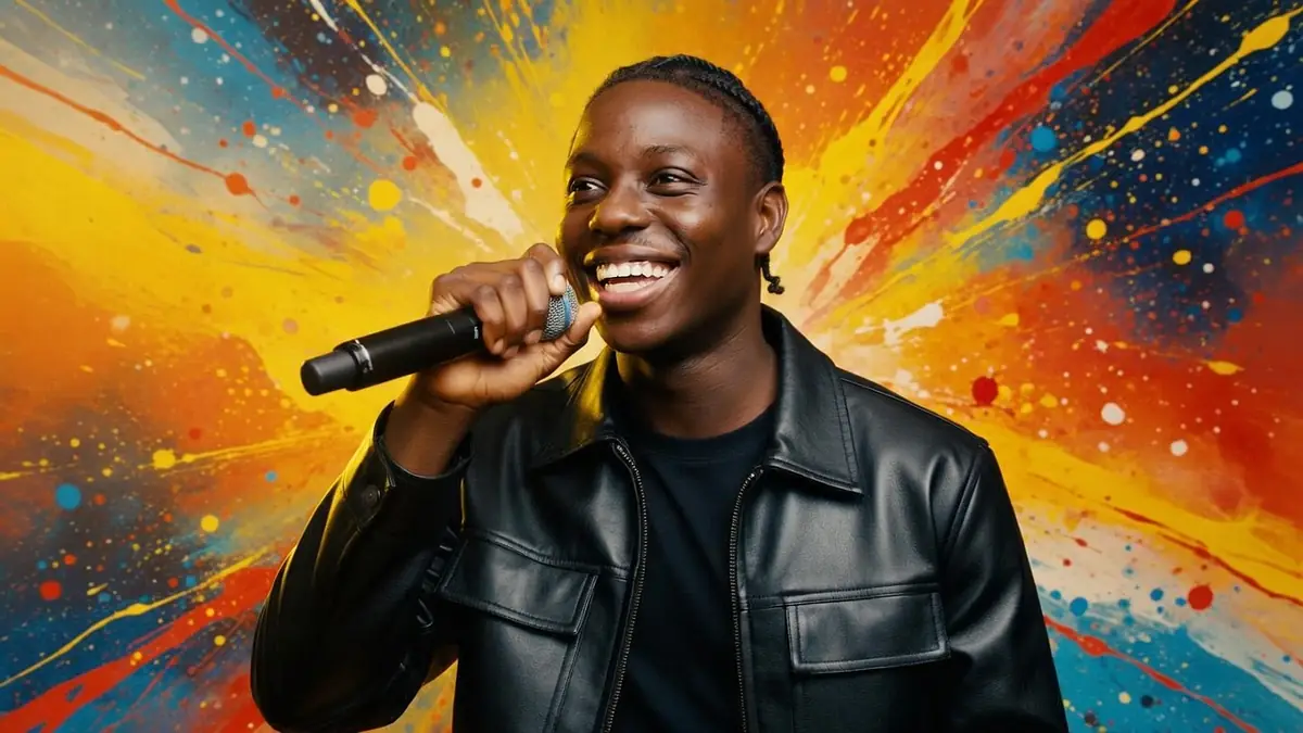 Bakary Diombera sourit en tenant un micro devant un fond coloré aux éclaboussures de peinture