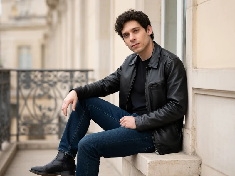 Portrait de Baptiste Carrion-Weiss assis sur un balcon parisien en blouson de cuir noir