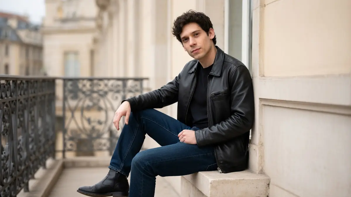Portrait de Baptiste Carrion-Weiss assis sur un balcon parisien en blouson de cuir noir