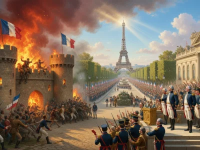 Illustration épique mêlant la prise de la forteresse et un défilé militaire pour célébrer le Bastille Day