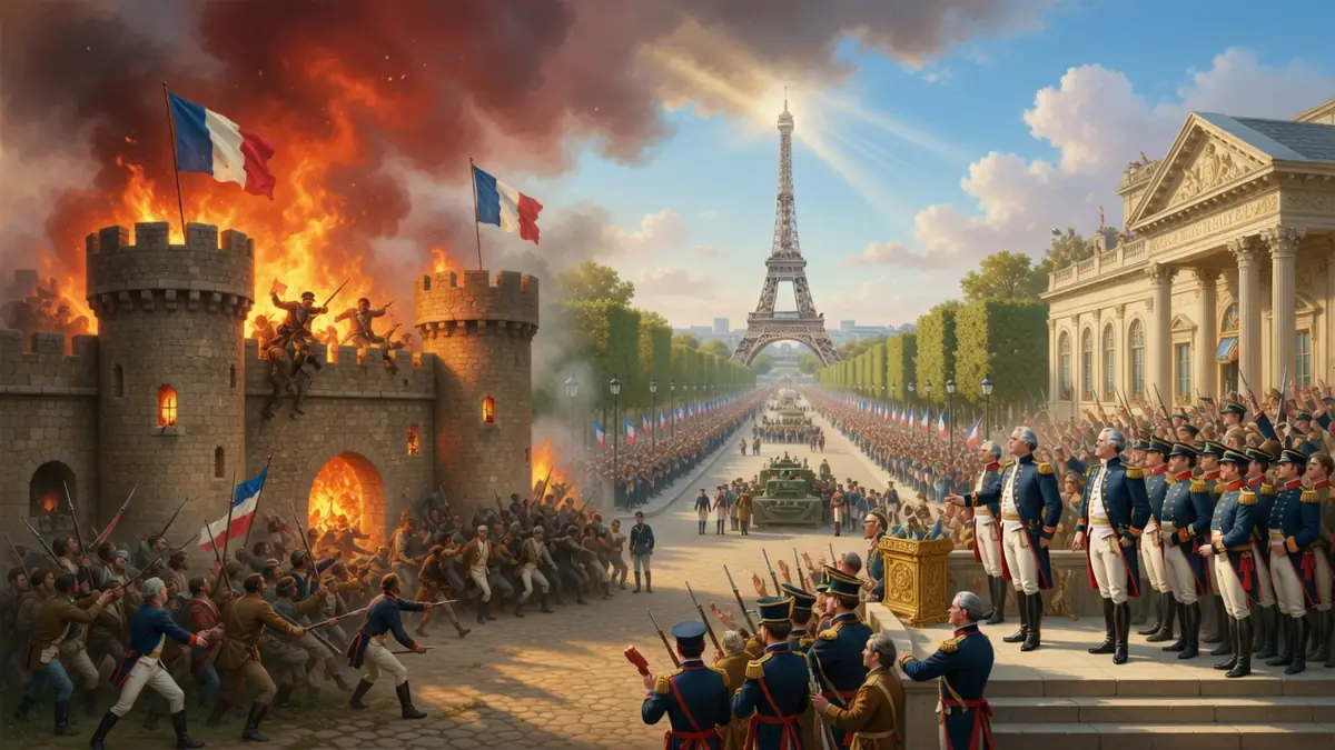 Illustration épique mêlant la prise de la forteresse et un défilé militaire pour célébrer le Bastille Day