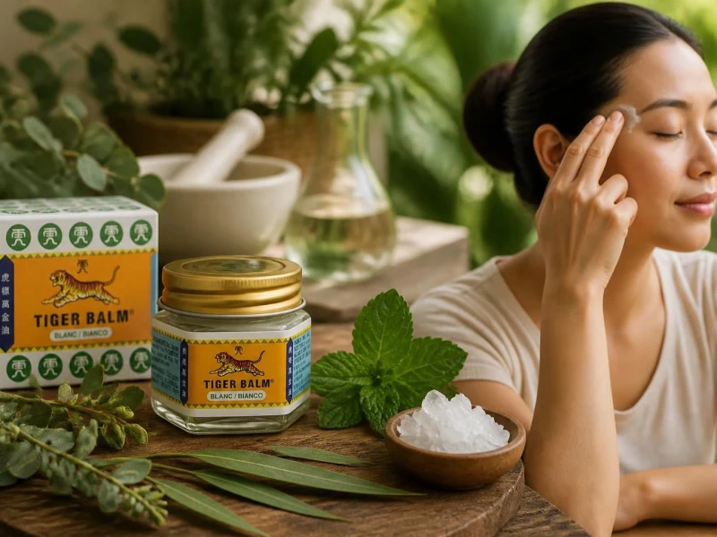 Une femme applique le produit pour illustrer la baume Tigre blanc utilisation sur ses tempes pour se détendre
