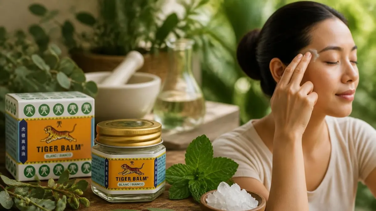 Une femme applique le produit pour illustrer la baume Tigre blanc utilisation sur ses tempes pour se détendre