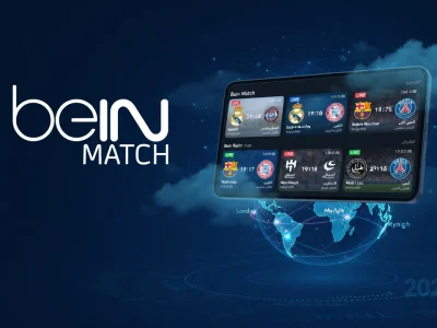 Beinmatch illustre une tablette flottante avec des rencontres sportives au-dessus d'un globe lumineux