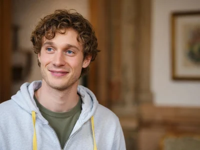 Portrait souriant de l'acteur Benjamin Baffie portant un sweat à capuche gris