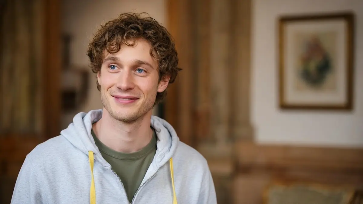 Portrait souriant de l'acteur Benjamin Baffie portant un sweat à capuche gris