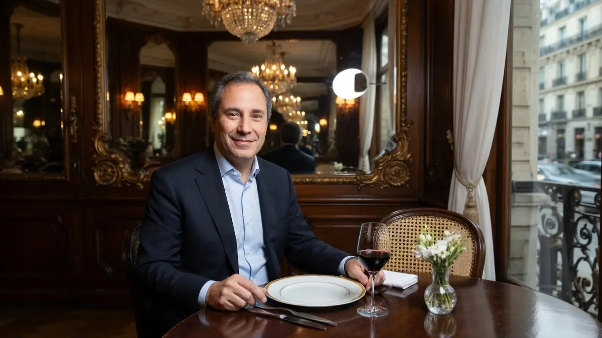 Benjamin Patou assis à une table élégante dans un restaurant parisien chic