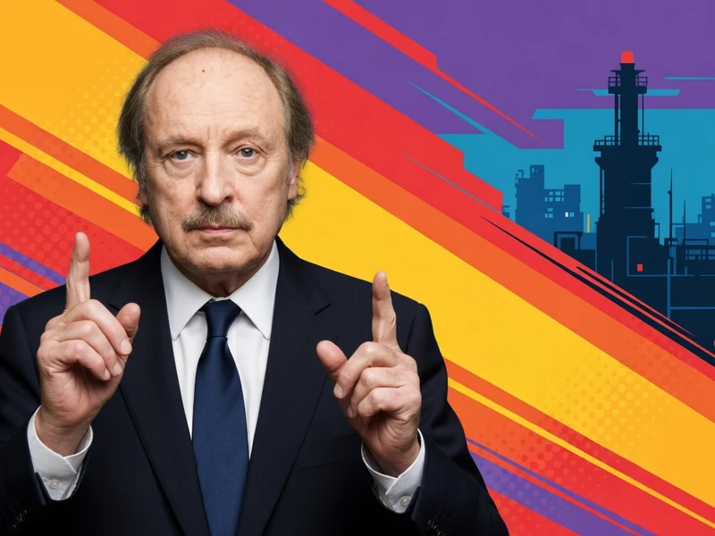 Bernard Farcy en costume et cravate lève les index des deux mains sur fond urbain coloré