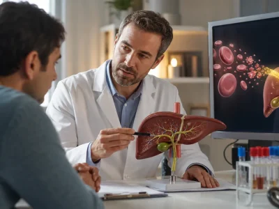 Consultation medicale illustrant la bilirubine conjuguée dans le foie.