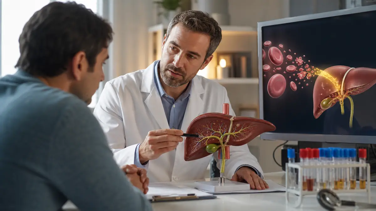 Consultation medicale illustrant la bilirubine conjuguée dans le foie.