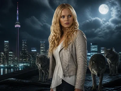 Une jeune femme blonde accompagnée de loups dans une ville nocturne, évoquant une créature bitten