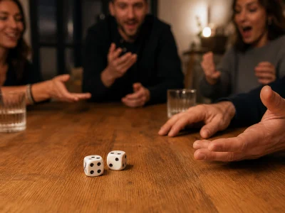 Une partie de Bizkit avec deux dés sur une table entre amis.