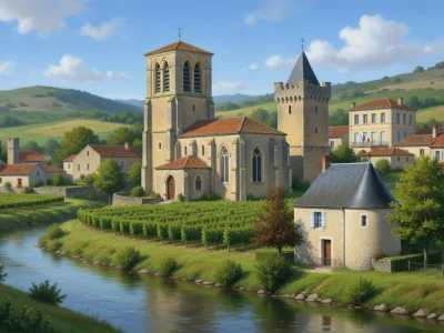 Paysage idyllique de Blanzac-Porcheresse montrant une église ancienne près d'une rivière entourée de vignobles et de collines