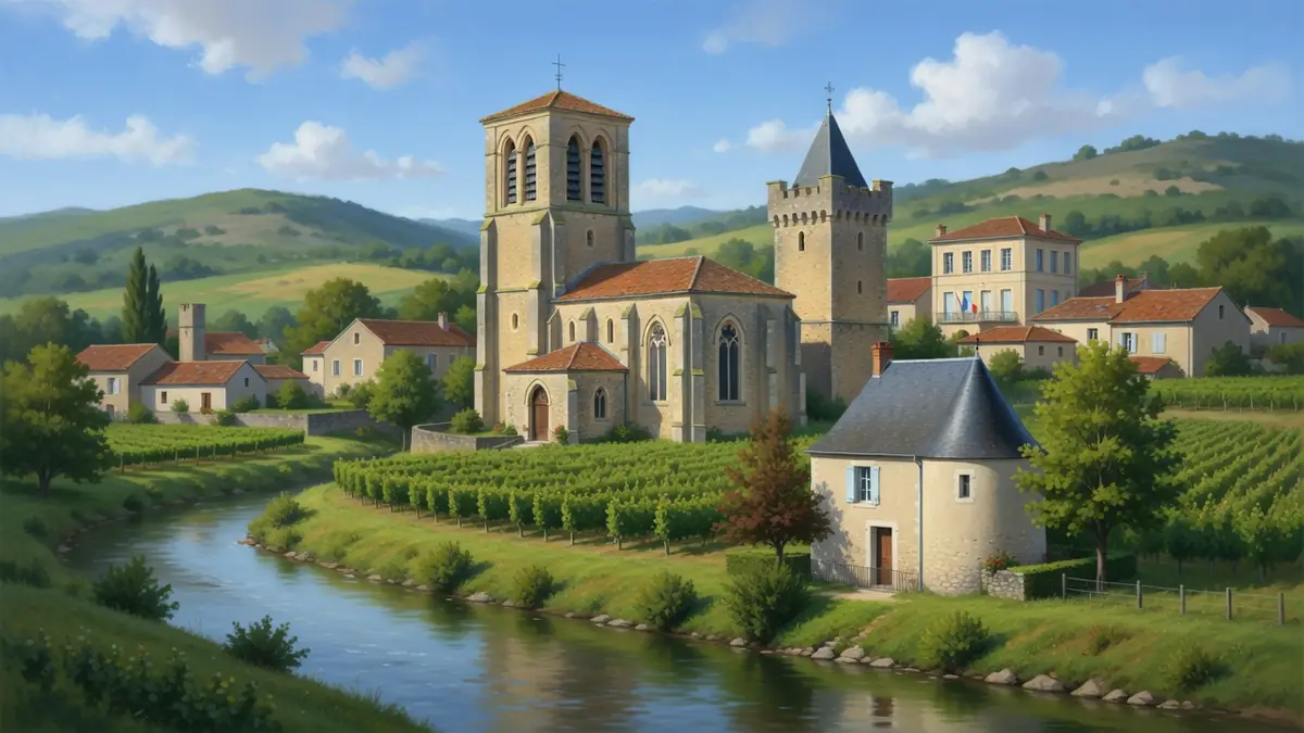 Paysage idyllique de Blanzac-Porcheresse montrant une église ancienne près d'une rivière entourée de vignobles et de collines
