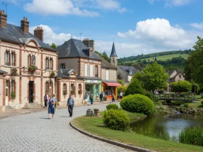 Vue pittoresque à Bléneau d'une rue pavée bordée de maisons anciennes et d'un étang