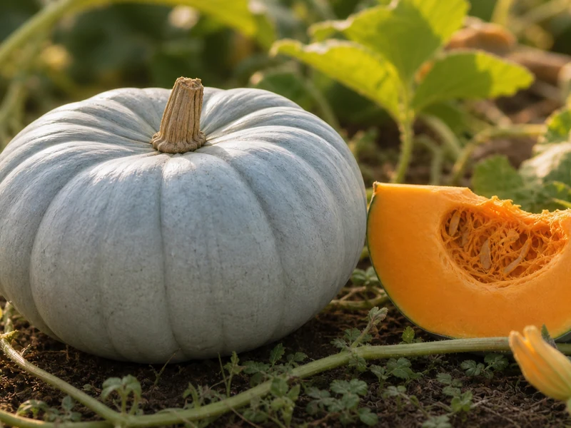 Courge bleu de Hongrie au potager avec une tranche à chair orange.