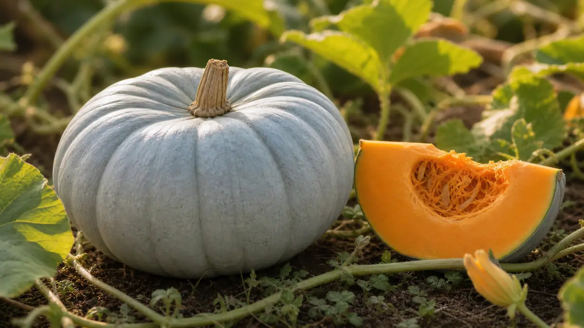 Courge bleu de Hongrie au potager avec une tranche à chair orange.